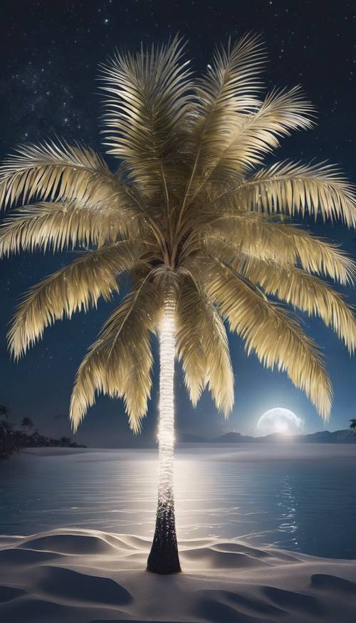 عرض سحري يشبه الحلم لشجرة نخيل بيضاء بأوراق متلألئة في ضوء القمر الأثيري