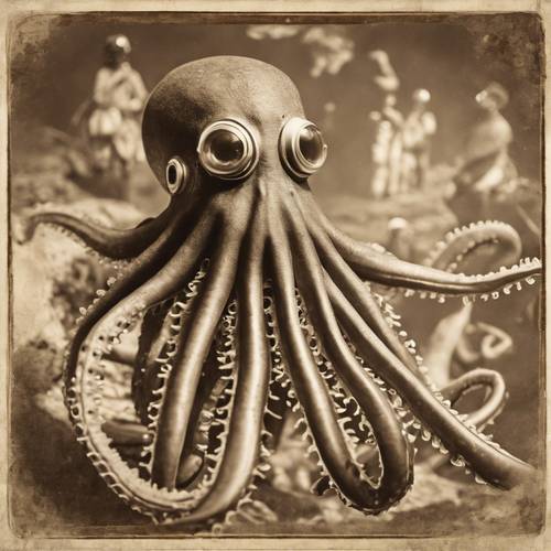 Eine Vintage-Illustration in Sepiatönen eines Oktopus, der mit Tauchern in Taucheranzügen aus dem 18. Jahrhundert interagiert.