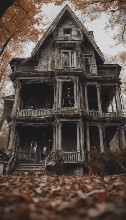 A haunted house decorated for Halloween with cobwebs and creepy decorations