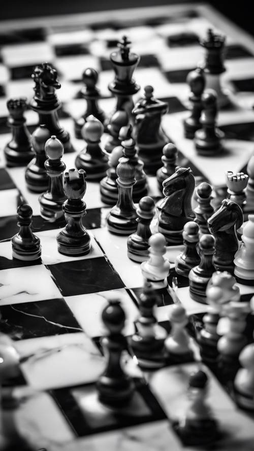 Um jogo de xadrez em mármore preto e branco disposto como se estivesse no meio de um jogo.
