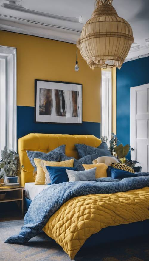 Sypialnia z niebieskimi ścianami, żółtą kołdrą na łóżku i niebiesko-żółtymi wzorzystymi poduszkami.