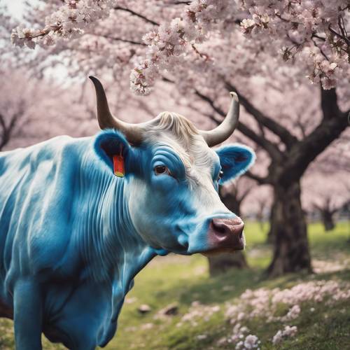 樱花树下的农场里，一头蓝色奶牛在喝水的质朴画面。