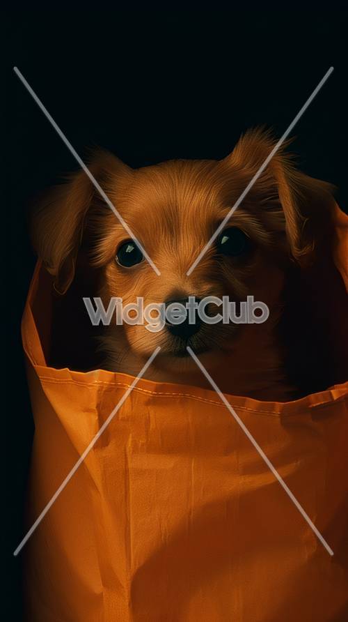 Lindo cachorro asomándose desde una manta naranja