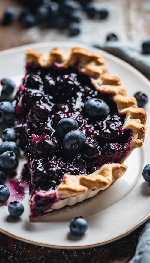 A slice of rustic blueberry pie on a white ceramic plate.