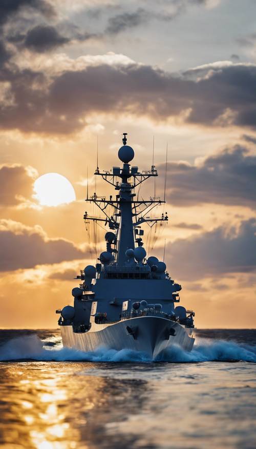 Modern Navy warship cutting through the blue ocean at sundown. Wallpaper [ba8b851f1017439fbfad]