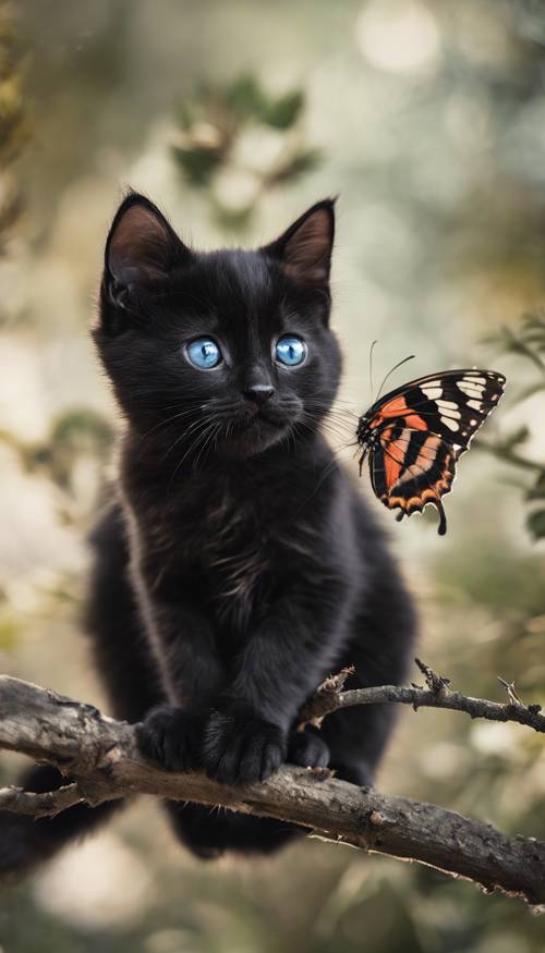 Um gatinho preto empoleirado em um galho de árvore, observando com curiosidade uma borboleta esvoaçante.
