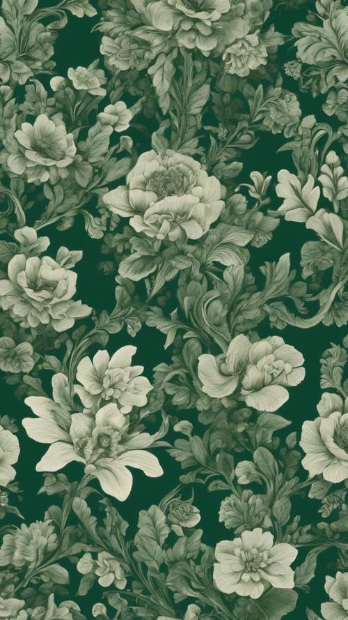 维多利亚风格的花卉图案，以美丽的深绿色和中性色调呈现。