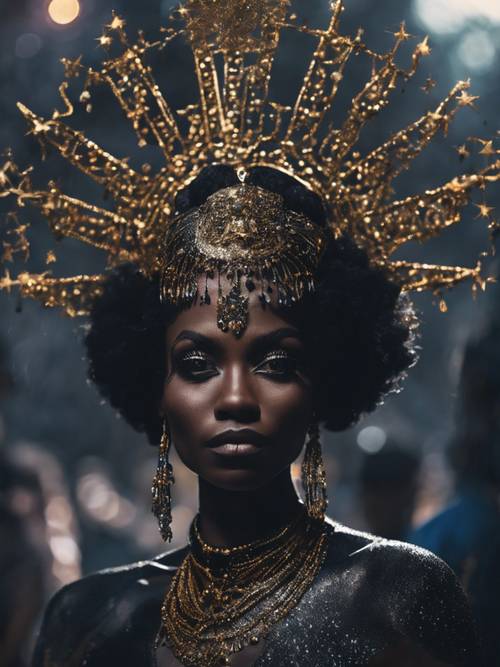 一位神秘的黑人女王，她的眼睛里闪烁着星星，拥有神奇的力量。