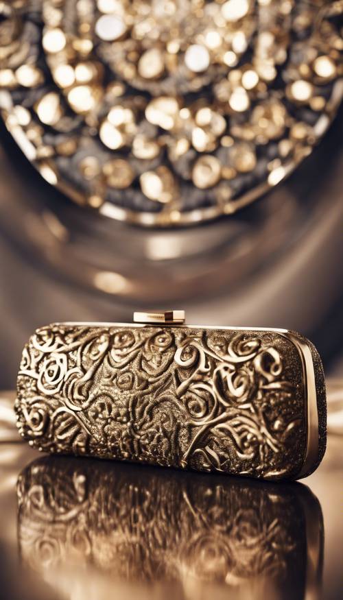 A high-fashion metallic clutch bag, with surrealistic bronze texture radiating opulence.