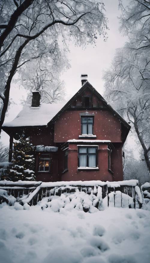 Un regalo de Navidad, abandonado siniestramente en la nieve, afuera de una casa oscura y desierta.