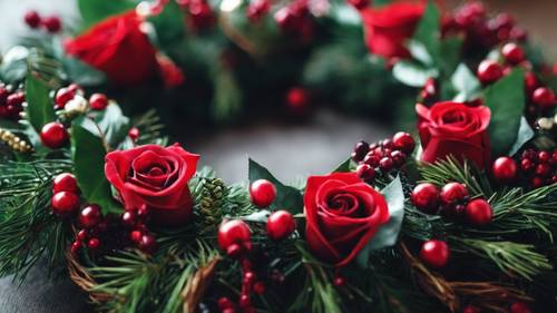 Close-up of a dark green Christmas wreath with red roses and berries.