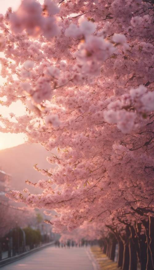 Hipnotyzujące pastelowe różowe drzewo wiśni w pełnym rozkwicie, podkreślone blaskiem zachodzącego słońca.