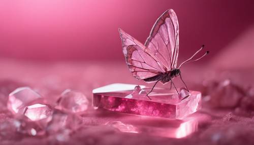 Seekor kupu-kupu kecil bertumpu pada kristal merah muda yang bersinar