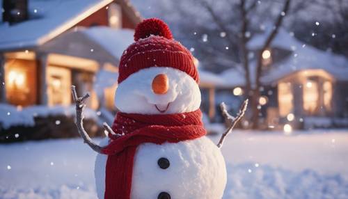 A cheerful snowman donning a red scarf and a carrot nose, standing tall in a snowy front yard under a beautiful winter dusk.
