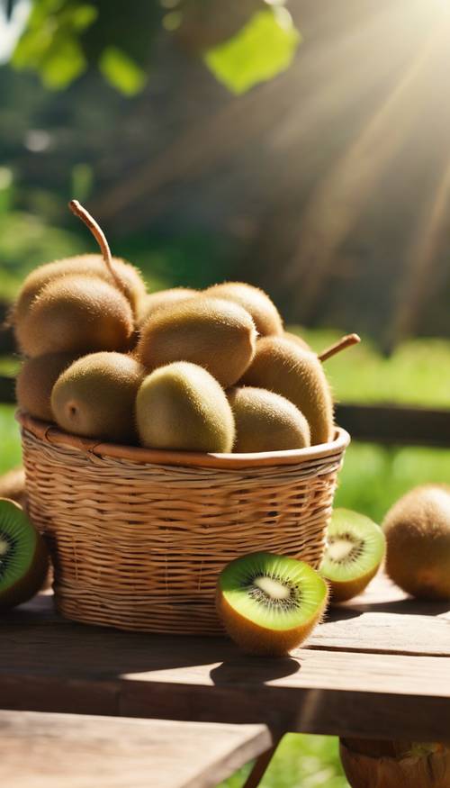 Sekelompok buah kiwi yang diterangi matahari dalam keranjang kayu di meja piknik.