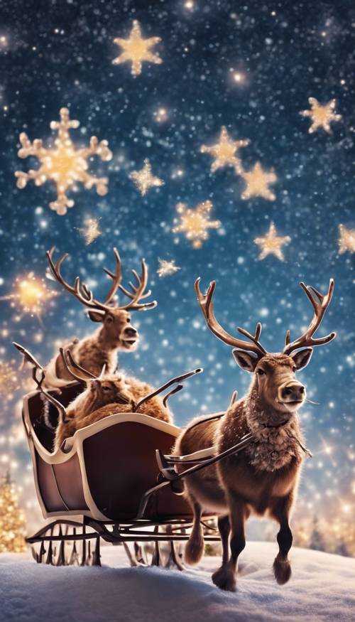 Fantastical illustration of a merry sleigh ride across starry Christmas skies led by kawaii-reindeers.