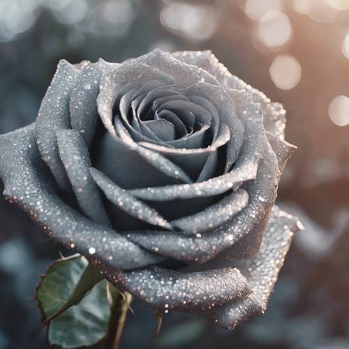 Gambar close-up yang intim dari mawar abu-abu berkilauan yang memantulkan sinar matahari.