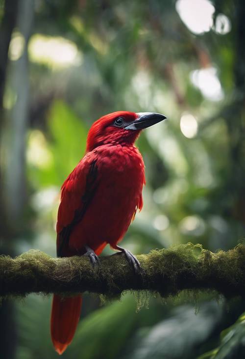 A rare, endangered, tropical bird, its vibrant red plumage making it stand out in its dimly lit rainforest home.