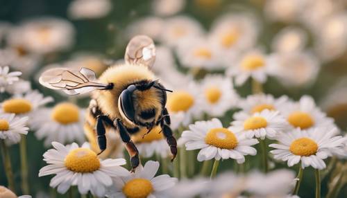 A kawaii-inspired bee with large luminous eyes, blushing cheeks, and a jolly expression, seen amidst blooming daisies.