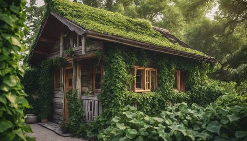 A charming wooden cottage enveloped in lush green ivy. Tapet [c1fadcbd75fc4c688997]