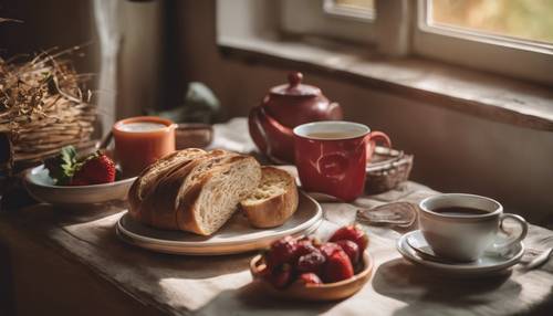 Une table de petit-déjeuner chaleureuse et familiale, dressée avec du pain fraîchement cuit, de la confiture de fraises et une cafetière chaude.