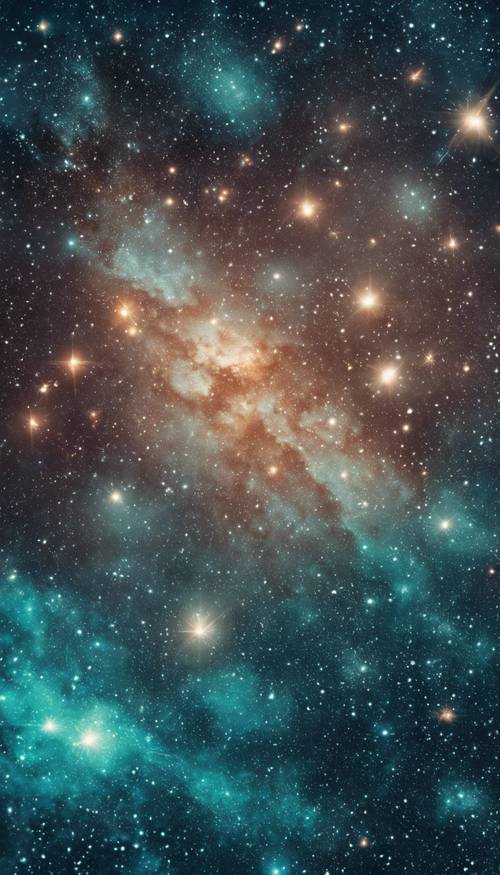 Cielo nocturno estrellado con las galaxias pintadas con un brillo turquesa intenso.