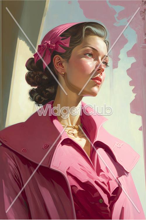 Wanita Elegan dengan Jaket Merah Muda dan Busur