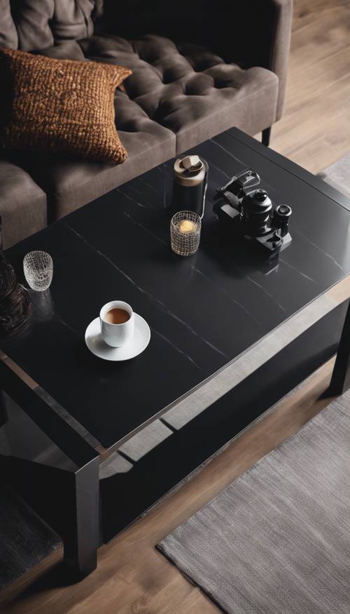 Ảnh chụp từ trên cao của bàn cà phê màu đen với thiết kế hiện đại
