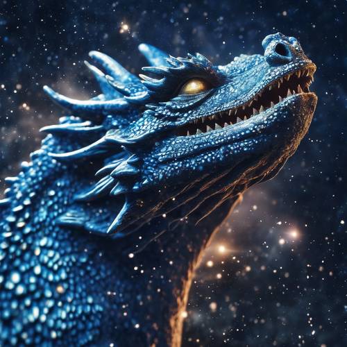 A comet-like blue dragon diving through the cosmos, showered in starlight.