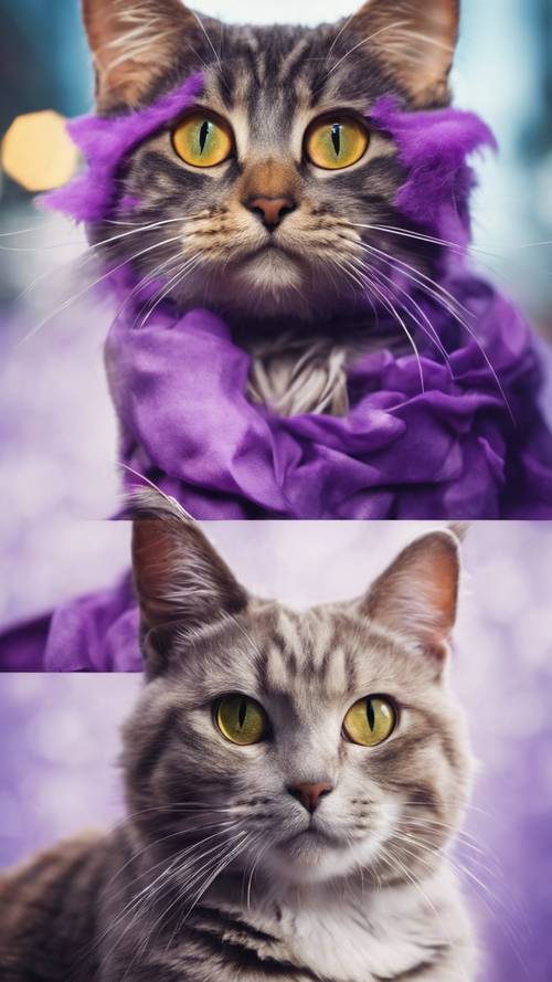 Un collage giocoso che mostra varie razze di gatti, tutte con un&#39;insolita pelliccia viola.