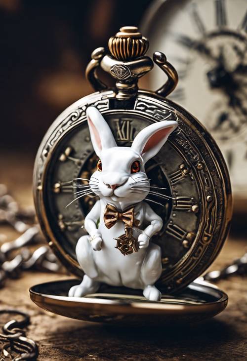 A mechanical White Rabbit in steampunk aesthetics freaking out over a ticking pocket watch.