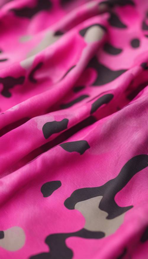 Pano com padrão camuflado em tons de rosa choque como se pertencesse a um estiloso uniforme de soldado.