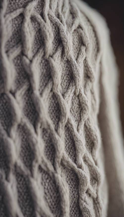 Tekstur detail sweter rajutan dalam warna abu-abu muda dengan latar belakang yang halus dan hangat.