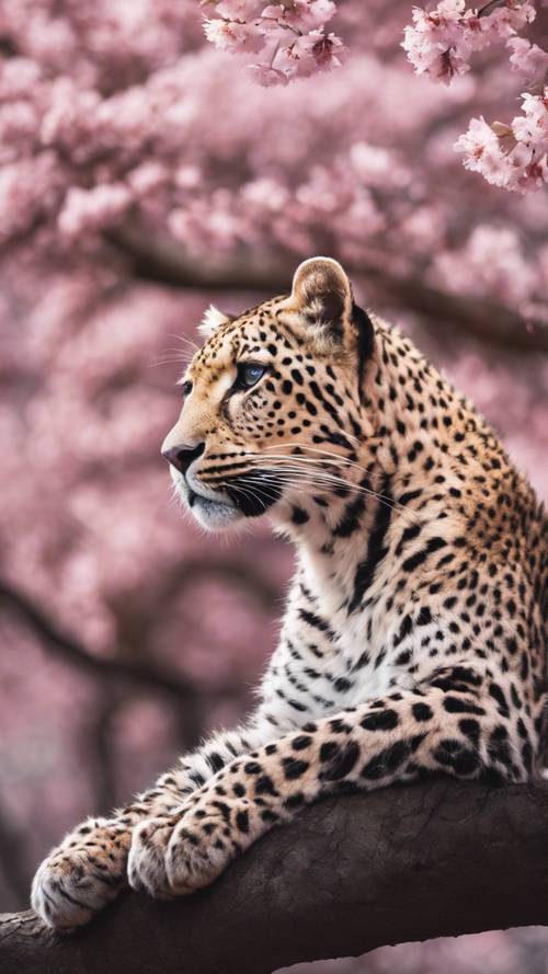 A majestic pink leopard with sparkling eyes, relaxing under the cherry blossom.