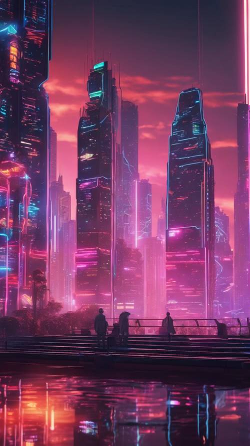 Cyber-Y2K tarzında fütüristik bir şehir manzarası, gökdelenlerden yansıyan neon ışıklar.