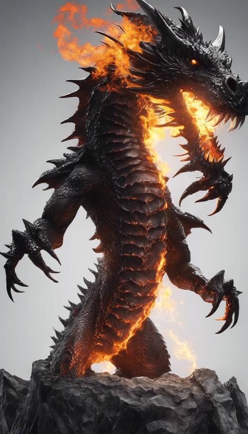 Um retrato ardente de um dragão negro, rosnando ameaçadoramente contra um fundo totalmente branco.