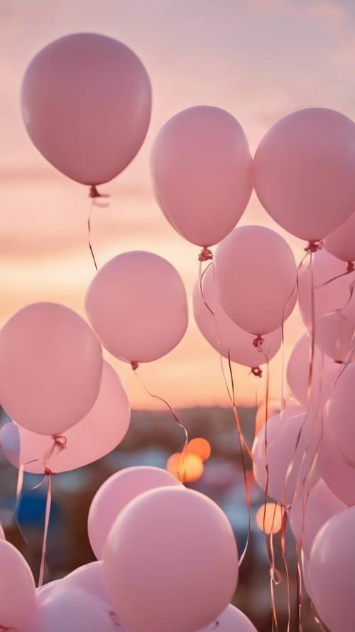 Light pink balloons floating against a pastel sunset sky.