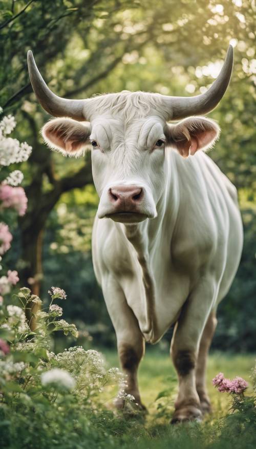 Seekor banteng putih yang cantik, berdiri dengan postur yang kuat dan latar belakang pepohonan hijau subur serta bunga-bunga yang mekar, mewakili tanda zodiak Taurus.