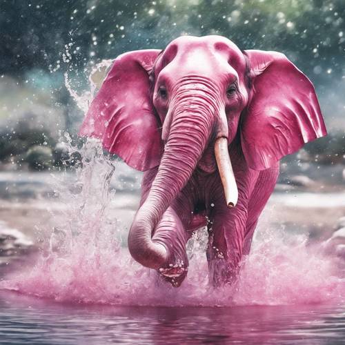Lukisan cat air seekor gajah merah muda memercikkan air dengan belalainya