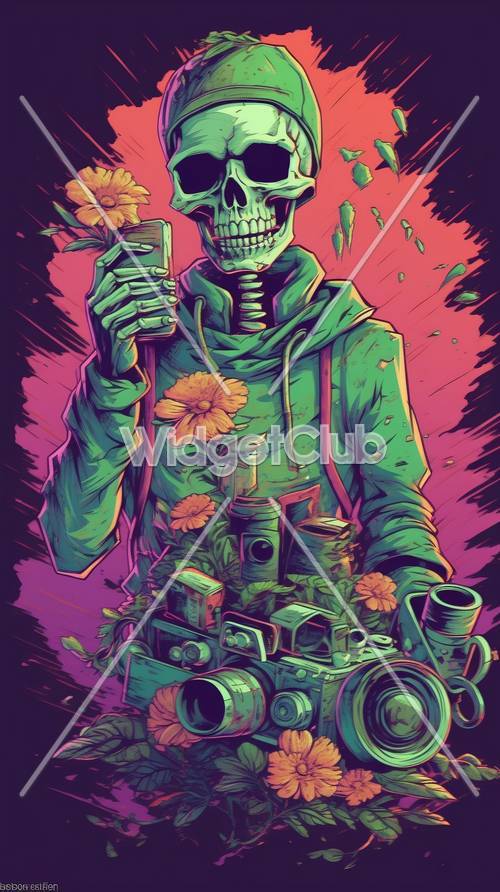 Esqueleto colorido con cámara y flores.