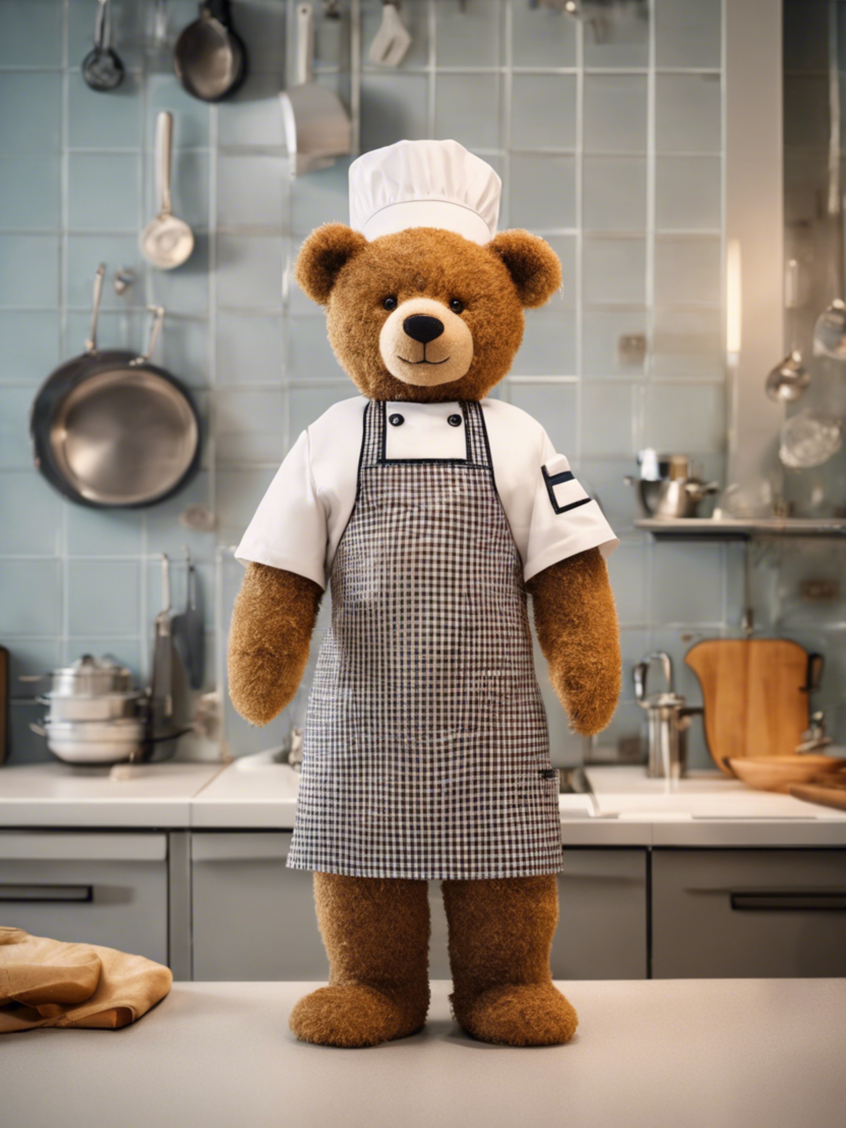 A teddy bear wearing a chef's hat and apron, standing in a kitchen.壁紙[1004f6f20387483787d7]
