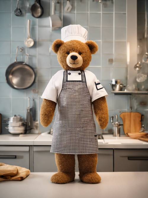 Seekor boneka beruang mengenakan topi koki dan celemek, berdiri di dapur.