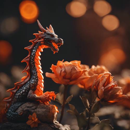 Um dragão laranja escuro sentado lindamente ao lado de uma flor de fogo, aquecendo-se com seu calor.