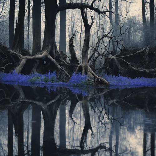 A pool of dark water within a Gothic forest, a skeletal tree reflected on the surface, adorned with eerie hanging bluebells.