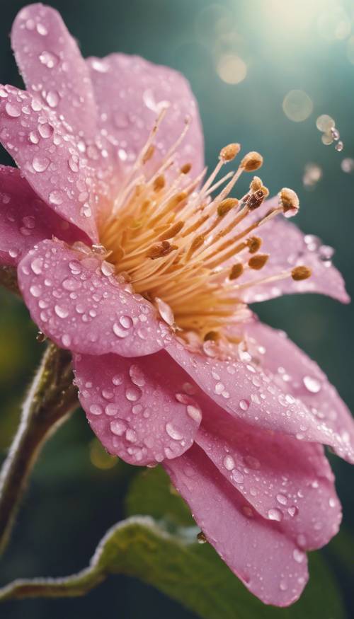 一朵粉红色的花，有着金色的花蕊，闪闪发光的晨露。