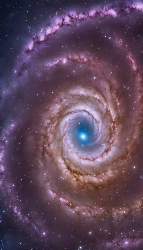 Odległa galaktyka spiralna z poprzeczką świeci różnorodnymi kolorami, najbardziej widocznymi w odcieniach fioletu i błękitu.