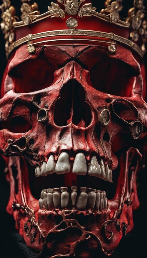 Red and black human skull with a crown on dark background
