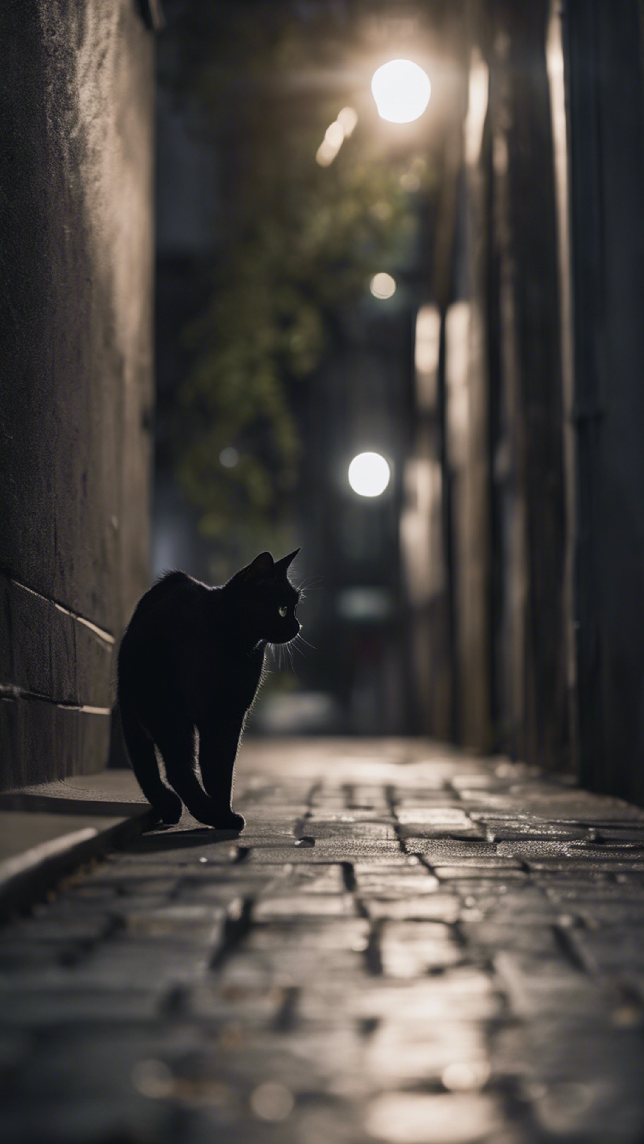 A black cat hiding in the gray shadows of a city alleyway at midnight. 벽지[bd319e741e3b49d892dc]