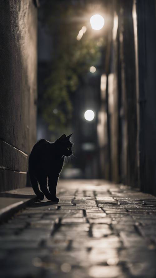 A black cat hiding in the gray shadows of a city alleyway at midnight.