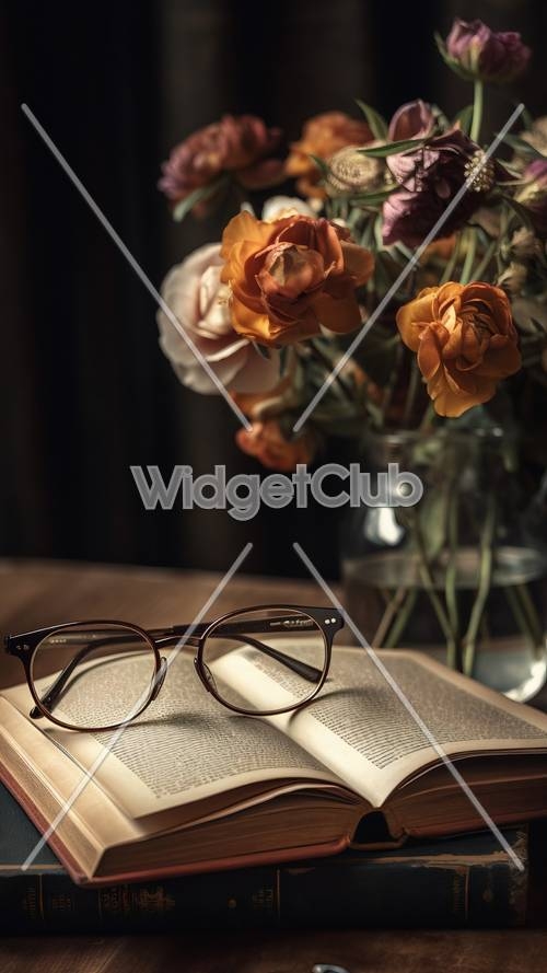 Elegant Reading Scene with Flowers and Glasses壁紙[214d35c40eae4dd2b05f]